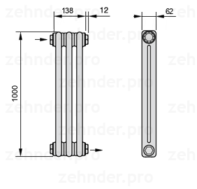 Схема (чертеж) Радиатор Zehnder Charleston 2100/3 №1670 Белый глянцевый RAL 9016